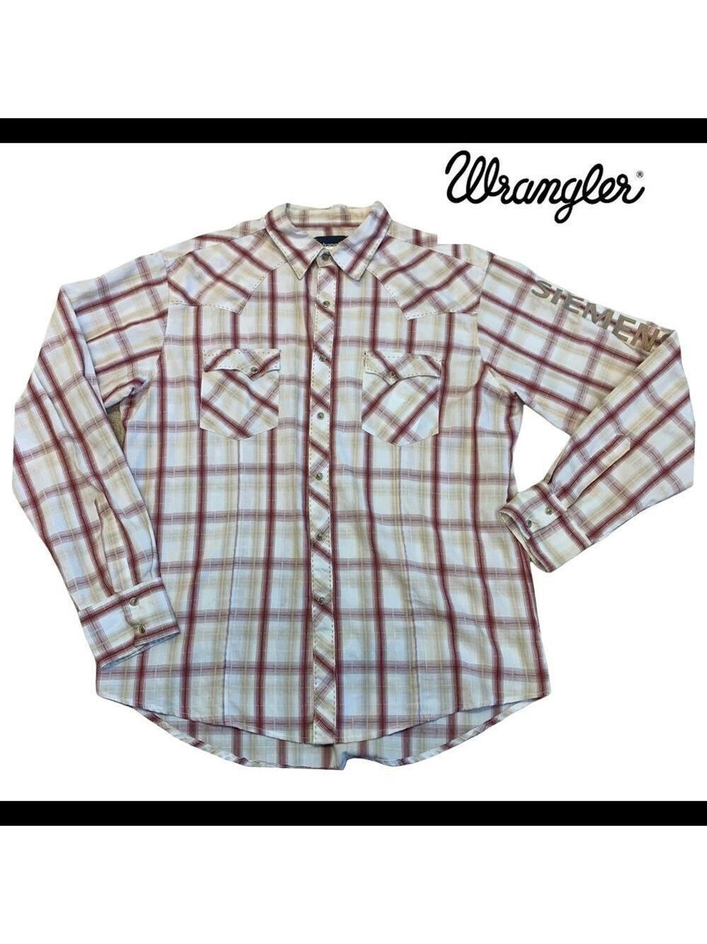 Men’s Wrangler cream red plaid check button down western shirt size large